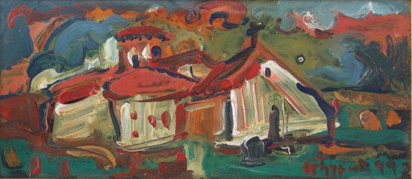 Pejzaž sa kućicama – Stojan Đurić, Ulje na šperu (41 x 19), 1999. godina