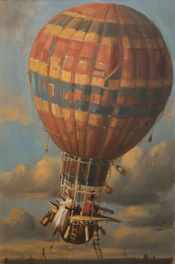 Goran Mitrović – Ulje na platnu: Fantastična scena sa balonom i figurama, 26x50 cm